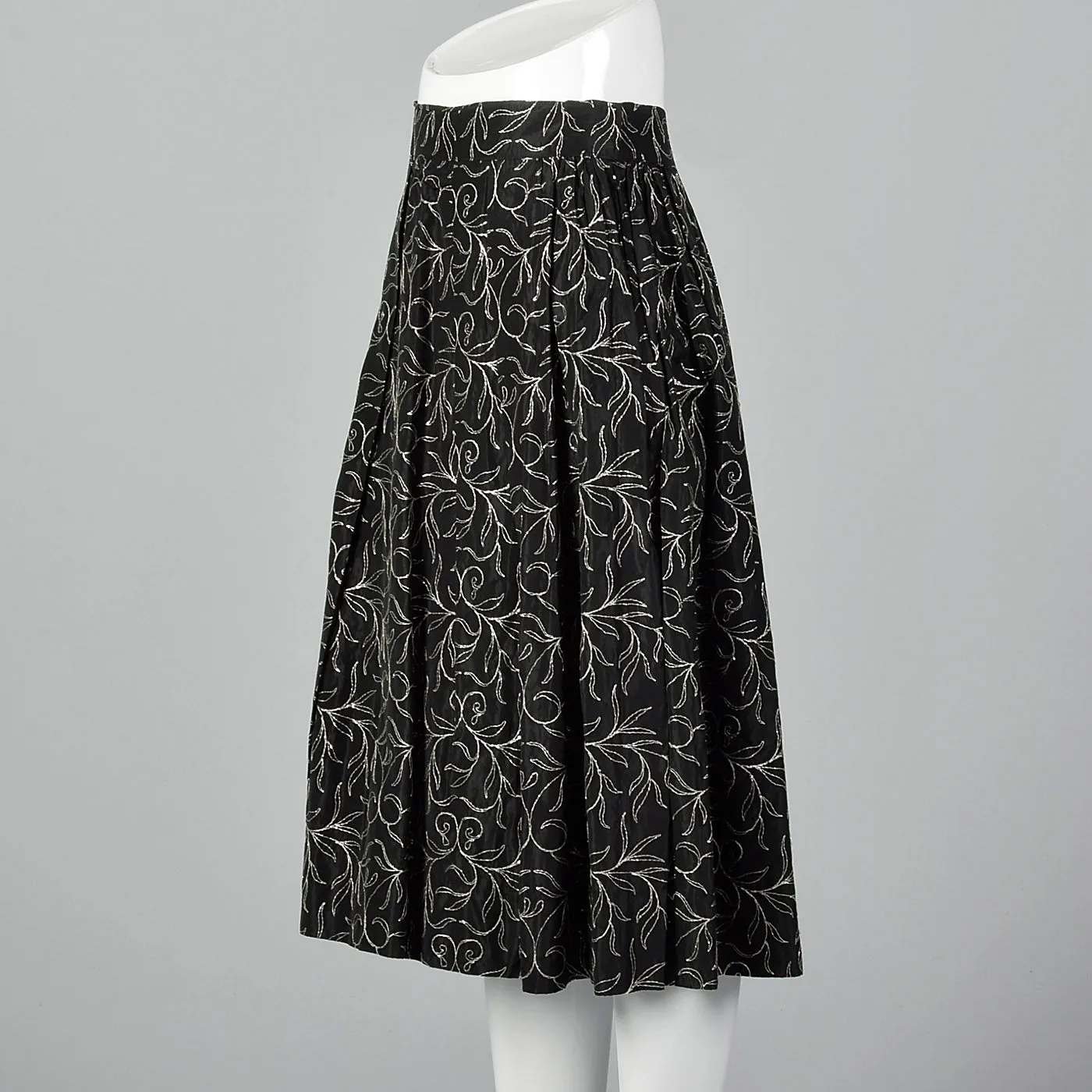 1950s Black Taffeta Skirt with Metallic Silver Embroidery