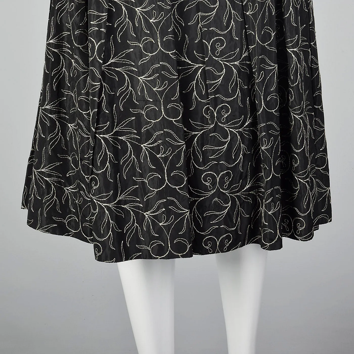 1950s Black Taffeta Skirt with Metallic Silver Embroidery