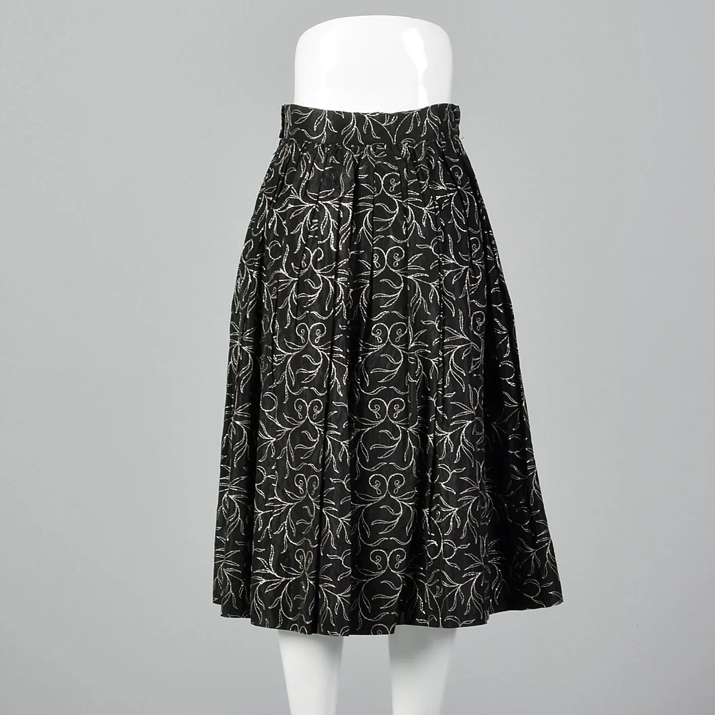 1950s Black Taffeta Skirt with Metallic Silver Embroidery