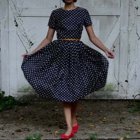 1950s silk navy blue polka dot fit and flare dress, union tag // small // 25" waist