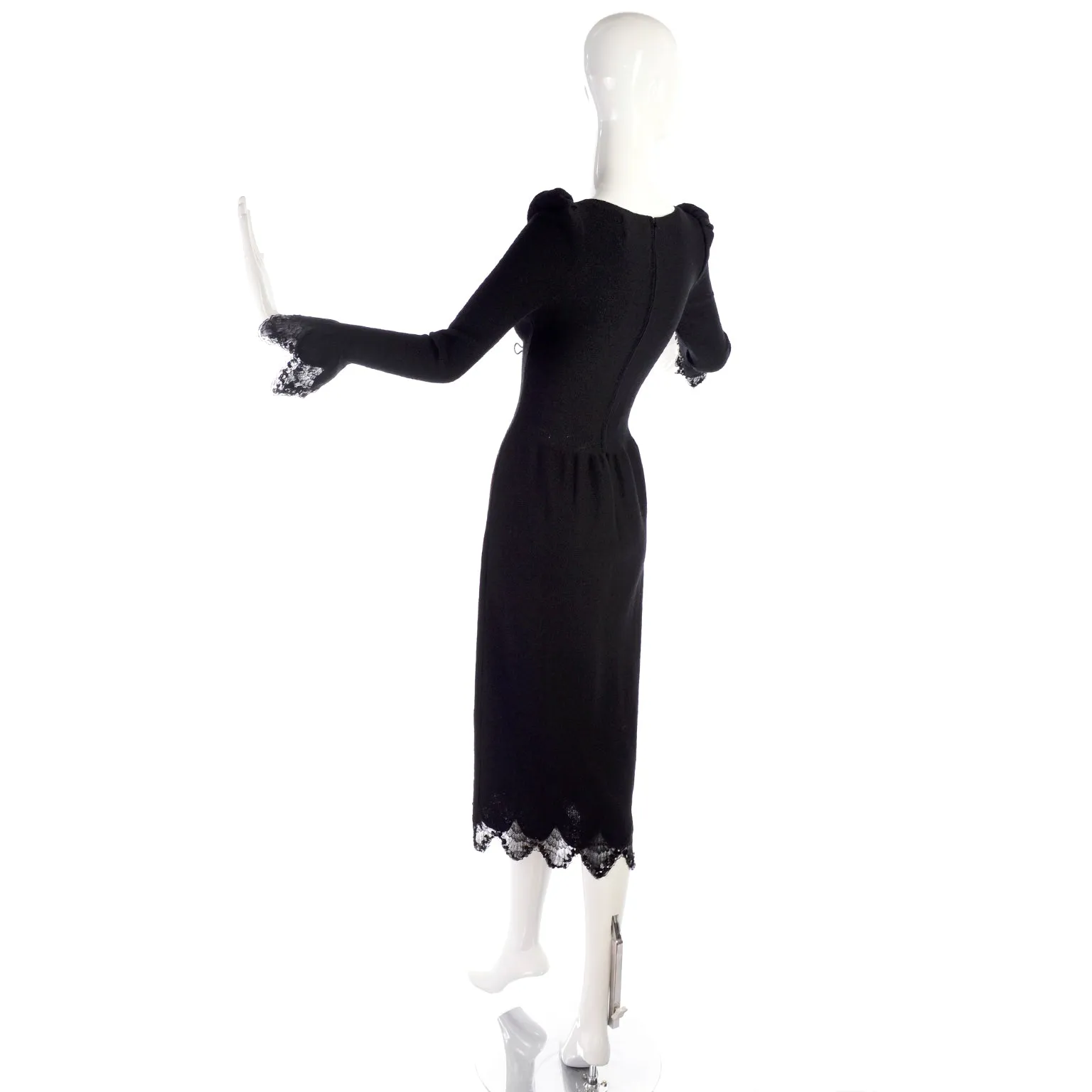 1970s Adolfo Vintage Black Dress With Lace & Sequin Trim