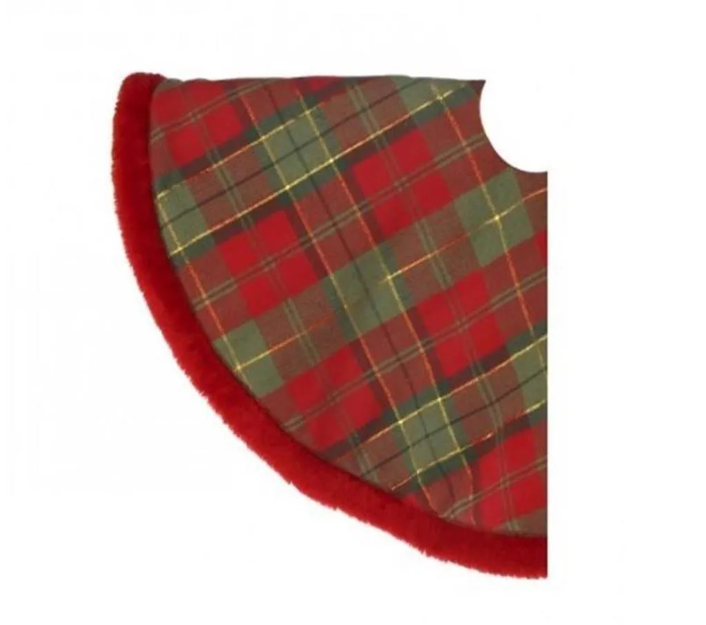 24" Red and Green Plaid Christmas Tree Skirt Faux Fur Trim