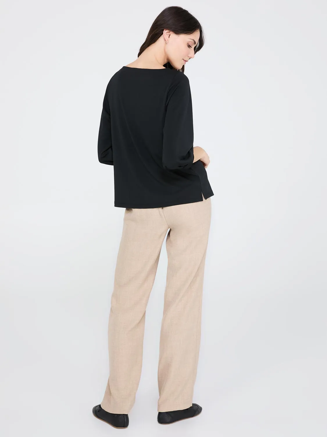 3/4 Pleated Sleeve Boat Neck Top