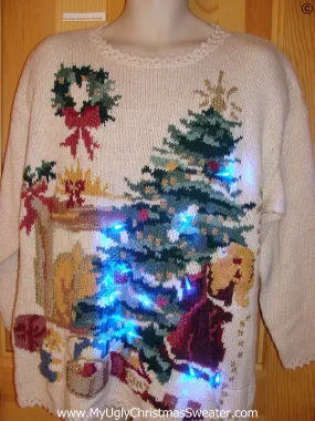 80s Christmas Sweater with Tree, Fireplace, and Lights (g252)