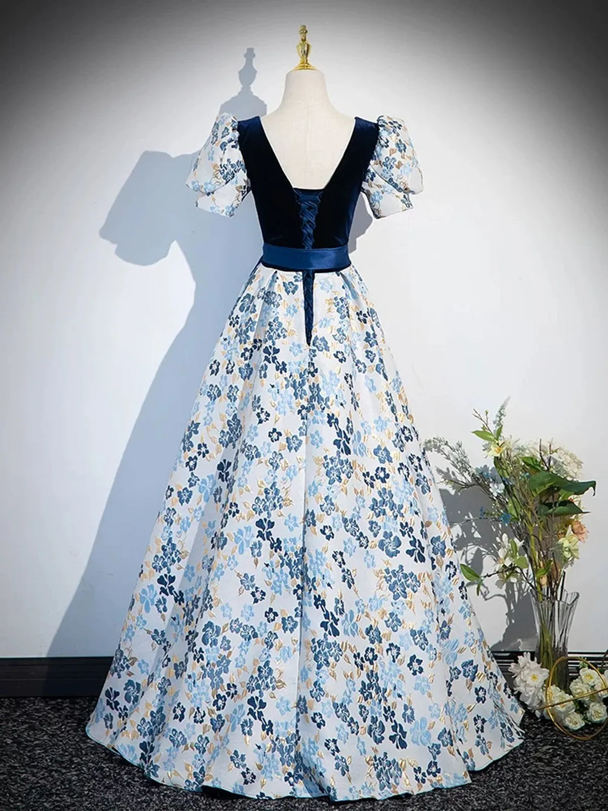 A-line Blue Short Sleeves Floral Short Sleeves Party Dress, Blue Long Prom Dress