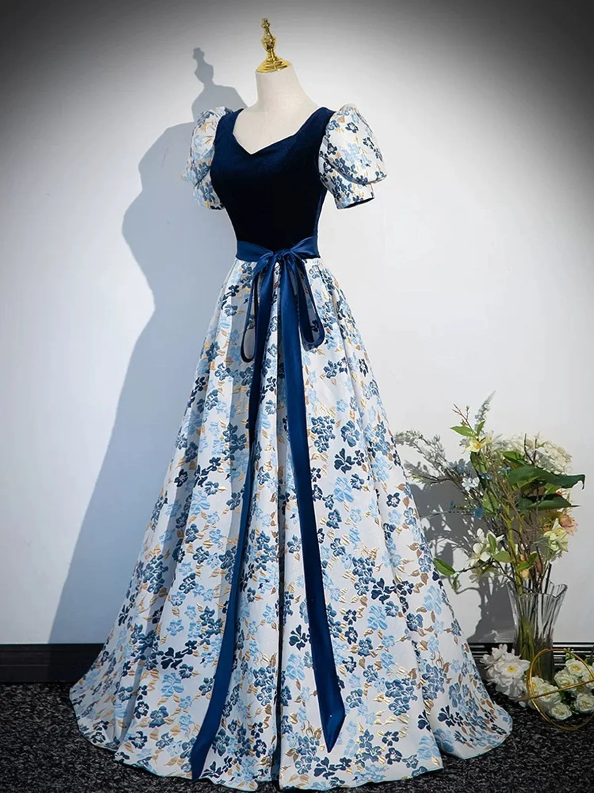 A-line Blue Short Sleeves Floral Short Sleeves Party Dress, Blue Long Prom Dress