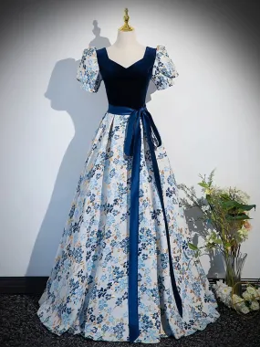 A-line Blue Short Sleeves Floral Short Sleeves Party Dress, Blue Long Prom Dress