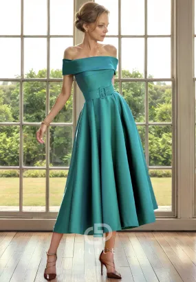 A-Line Off Shoulder Sleeveless Pleated Side Zipper Tea Length Mother of Bride Dress