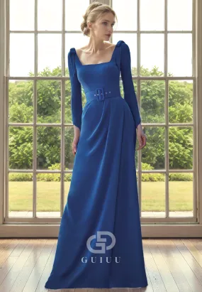 A-Line Square Neck Long Sleeves Pleated Back Zipper Mother of Bride Dress