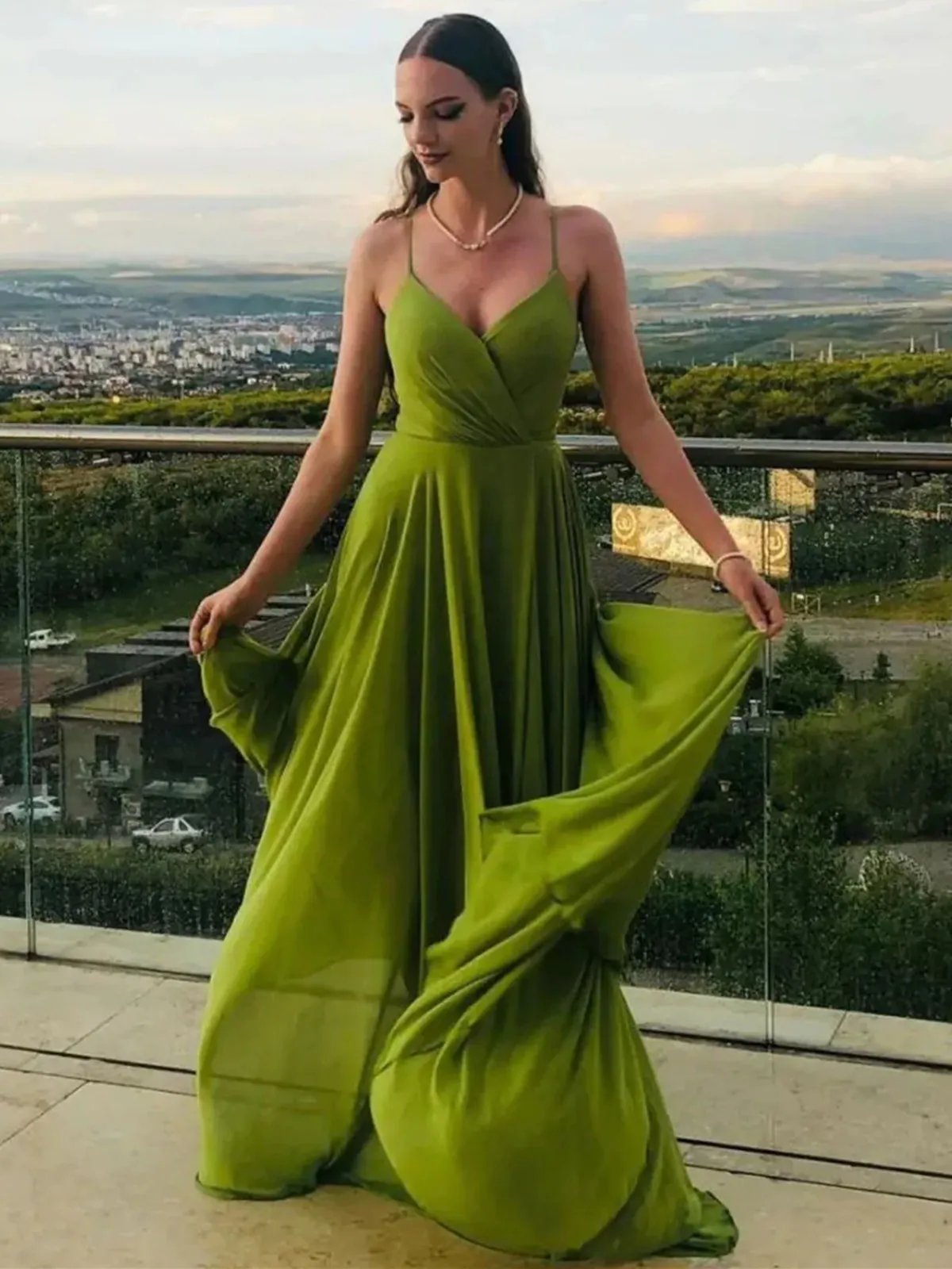 A Line V Neck Green Chiffon Long Prom Dresses with Leg Slit, V Neck Green Formal Graduation Evening Dresses