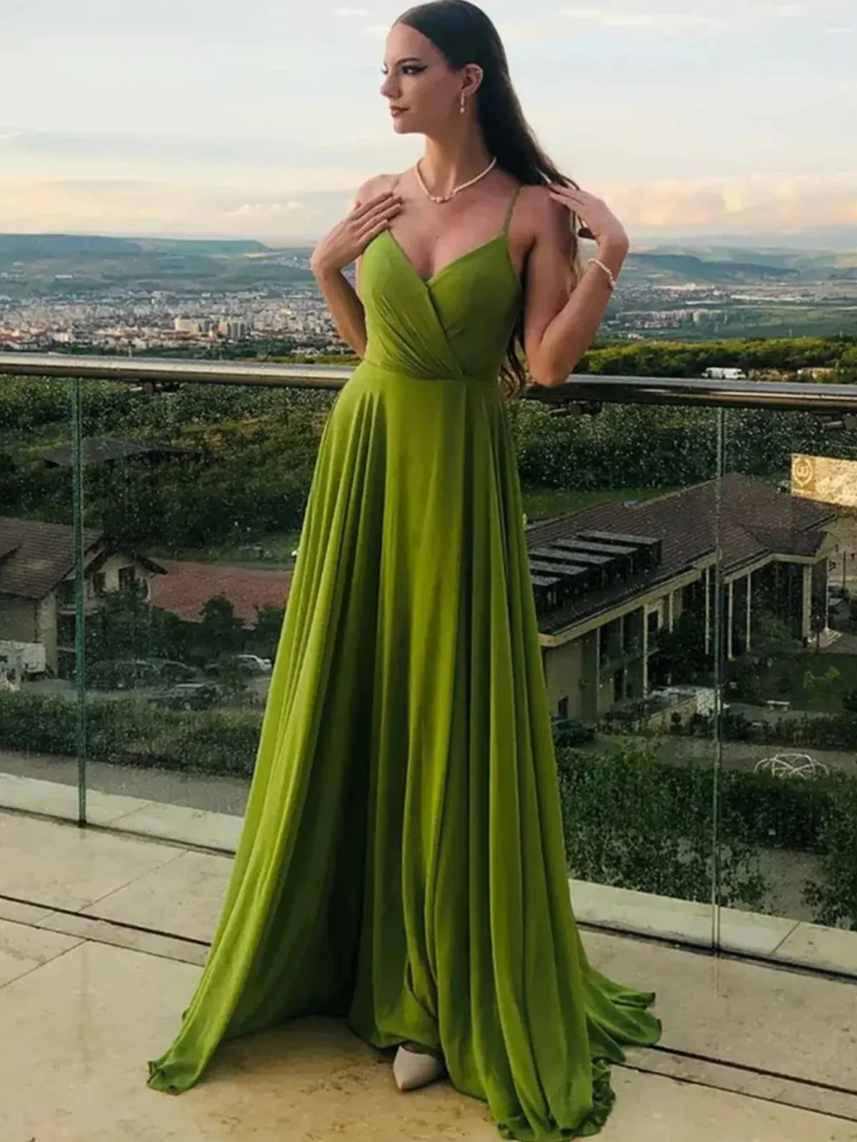 A Line V Neck Green Chiffon Long Prom Dresses with Leg Slit, V Neck Green Formal Graduation Evening Dresses