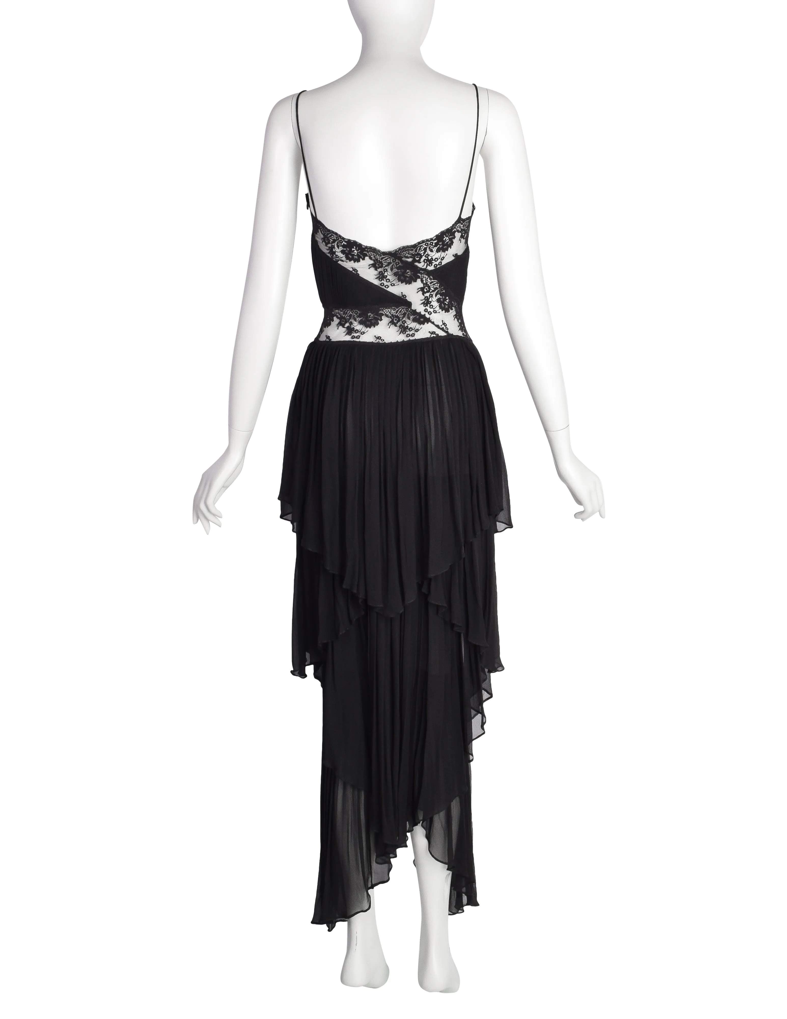 Alberta Ferretti Vintage AW 1993 Phenomenal Pleated Tiered Black Silk Lace Dress