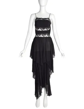 Alberta Ferretti Vintage AW 1993 Phenomenal Pleated Tiered Black Silk Lace Dress