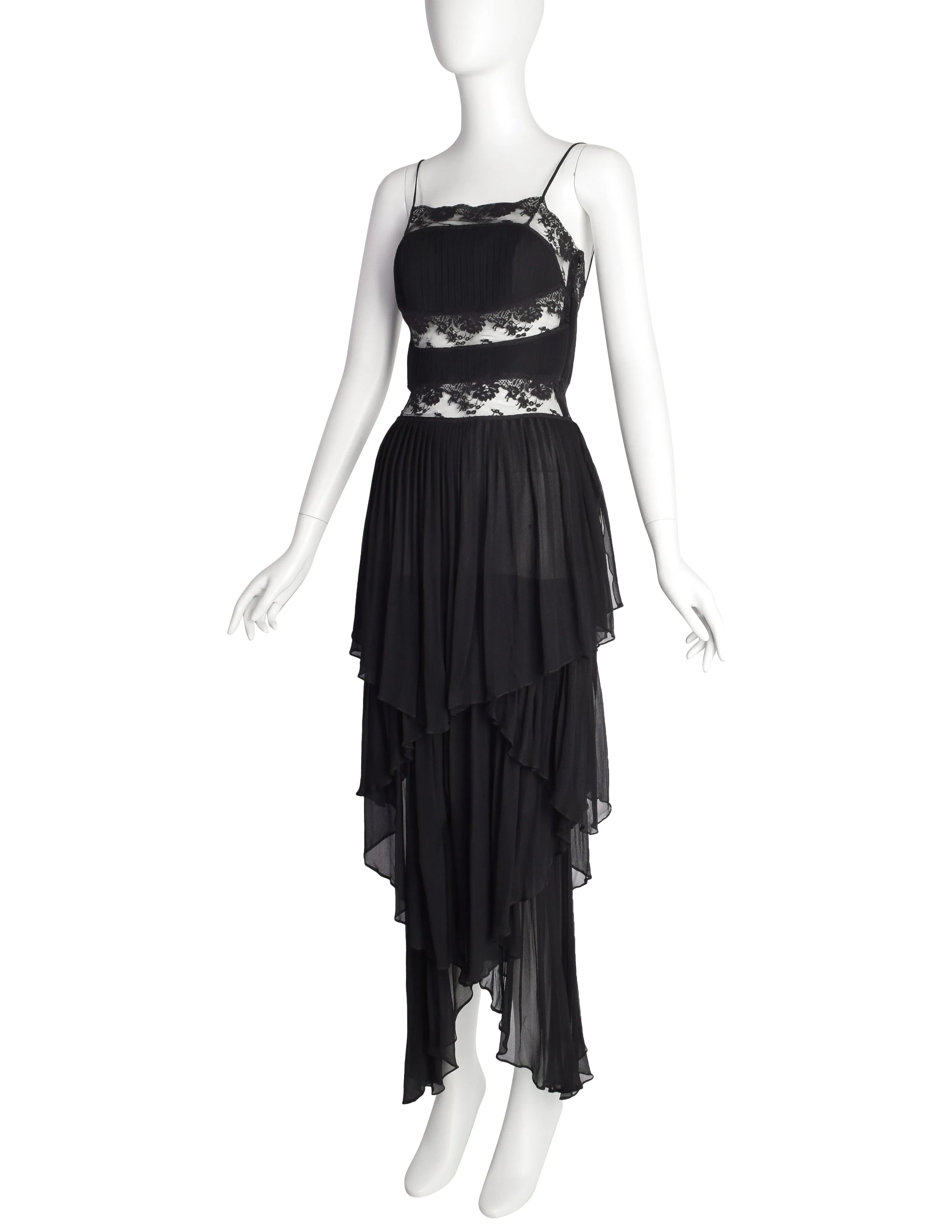 Alberta Ferretti Vintage AW 1993 Phenomenal Pleated Tiered Black Silk Lace Dress