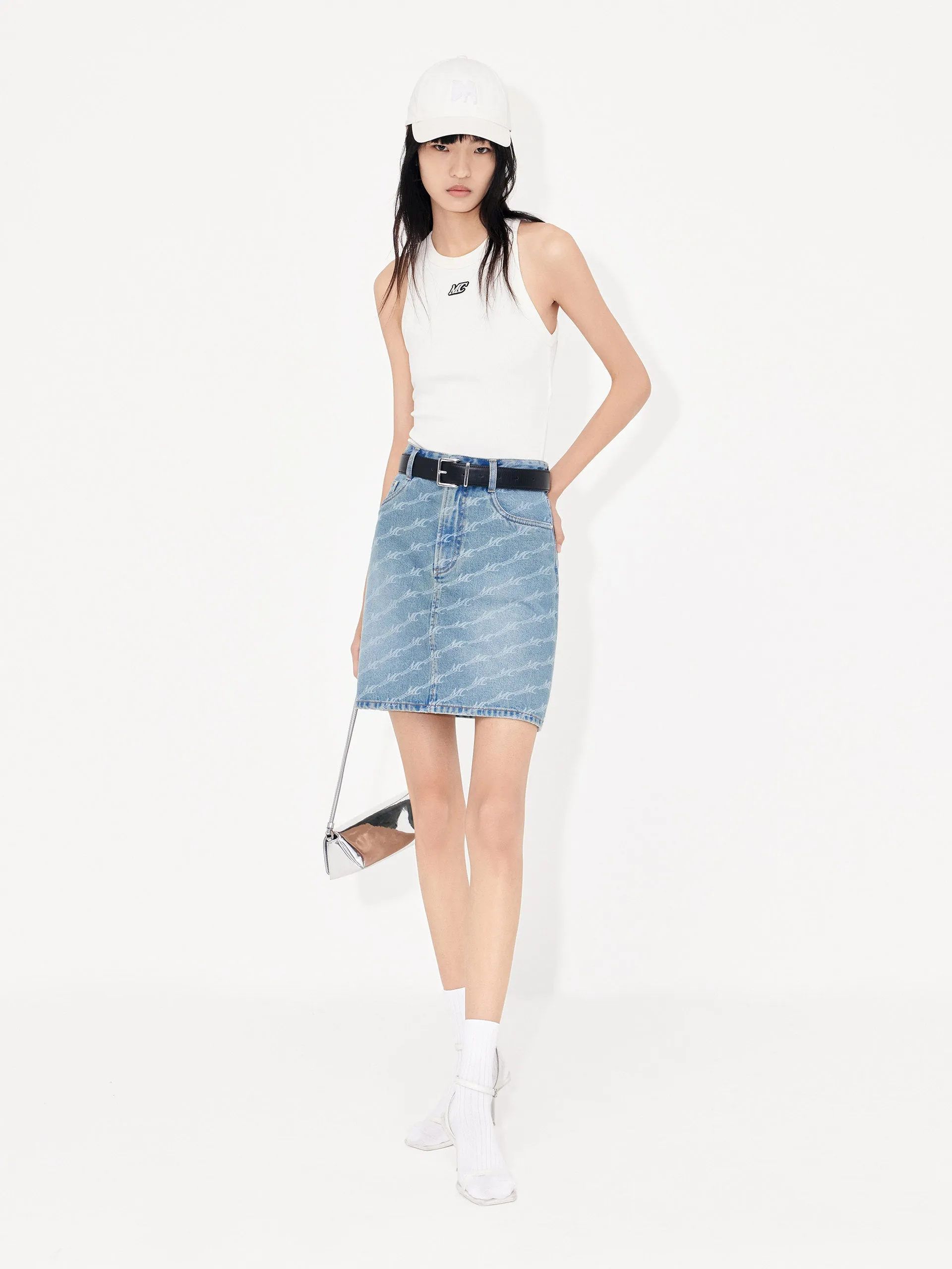 Allover MC letter Denim Skirt