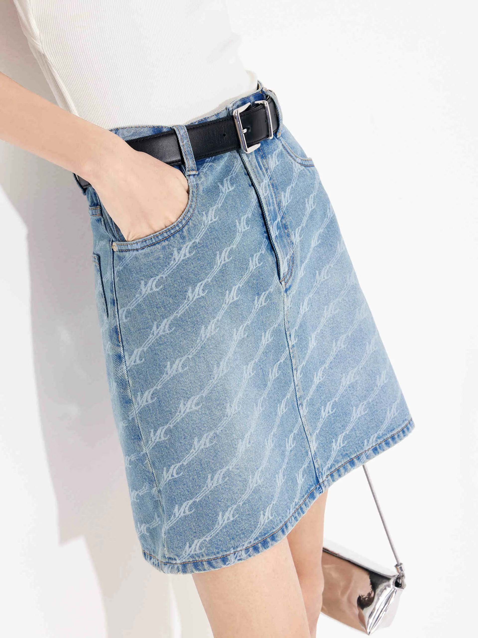 Allover MC letter Denim Skirt