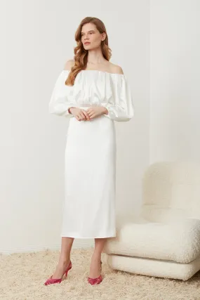 ALYA off shoulder pleated midi wedding dress