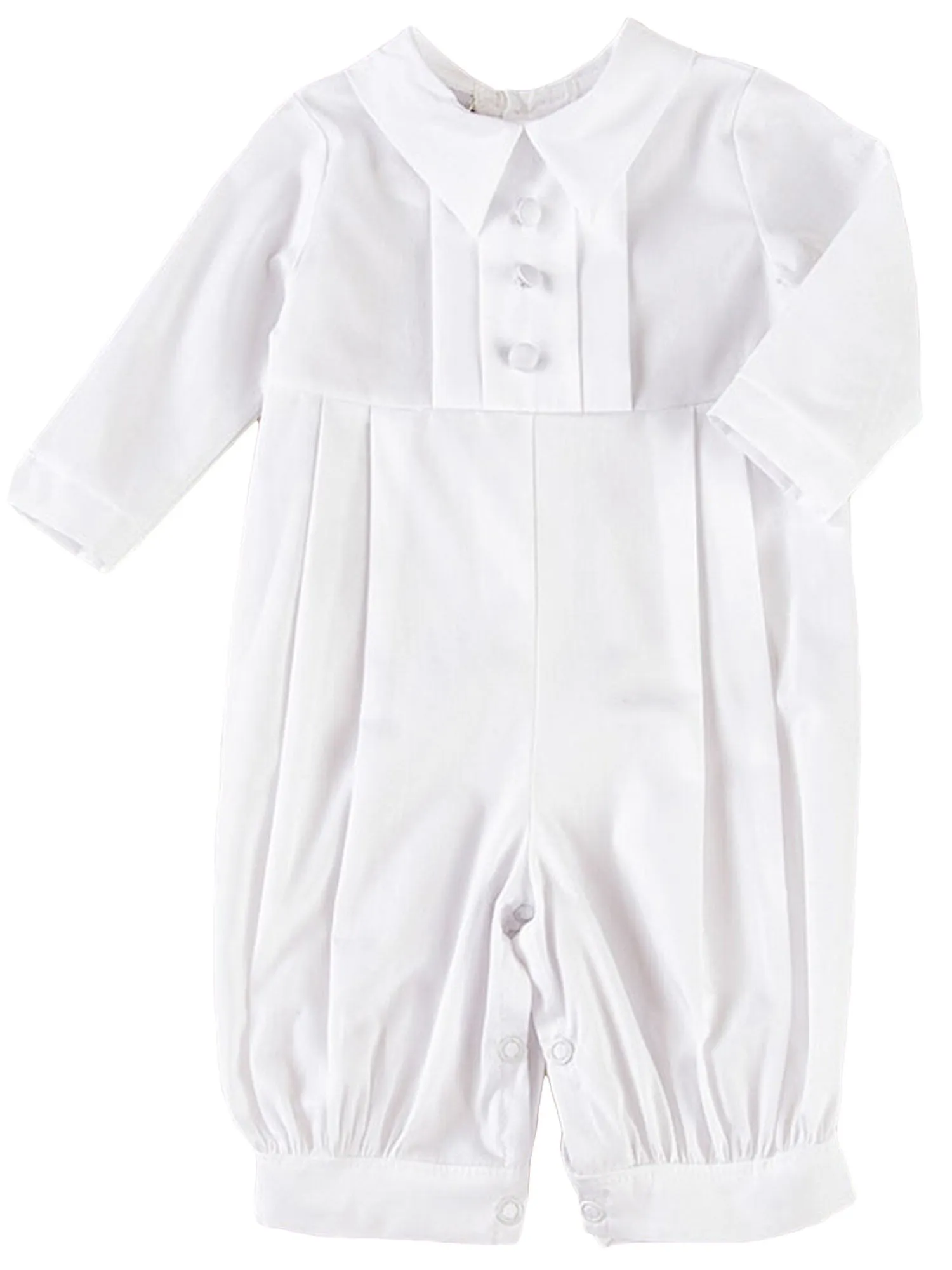 Baby Boys White Pleated Long Sleeve Long Baptism Cotton Coverall Hat Set 0-24M