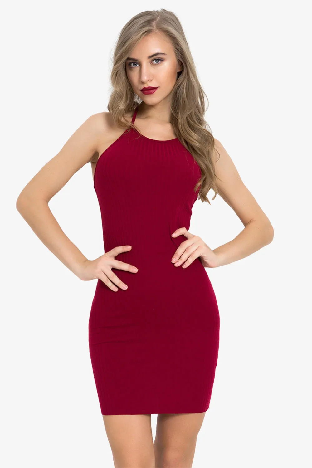 Backless Ribbed Halter Tie Dress