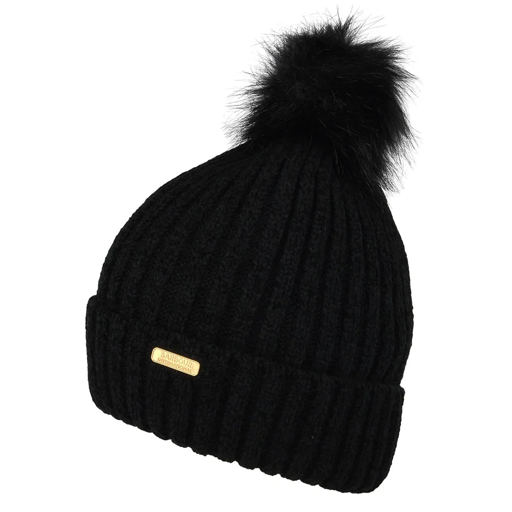 Barbour International Redgrave Chenille Faux Fur Pom Bobble Hat - Black