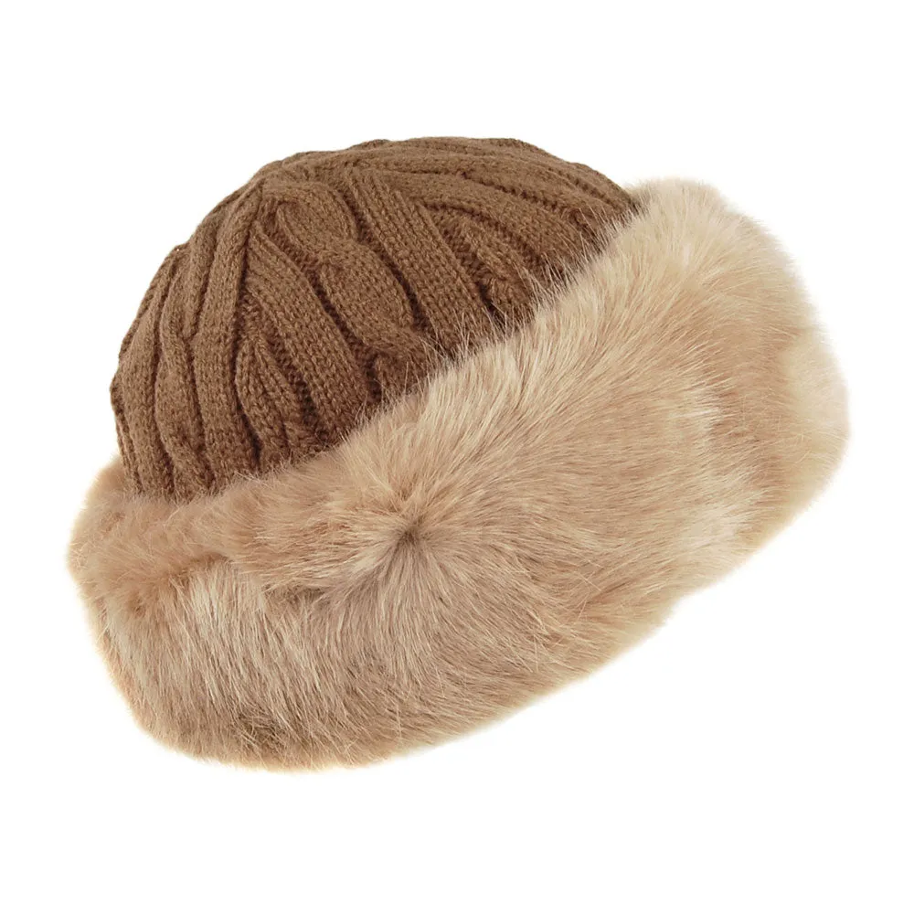 Barts Hats Faux Fur Cable Knit Beanie Hat - Light Brown