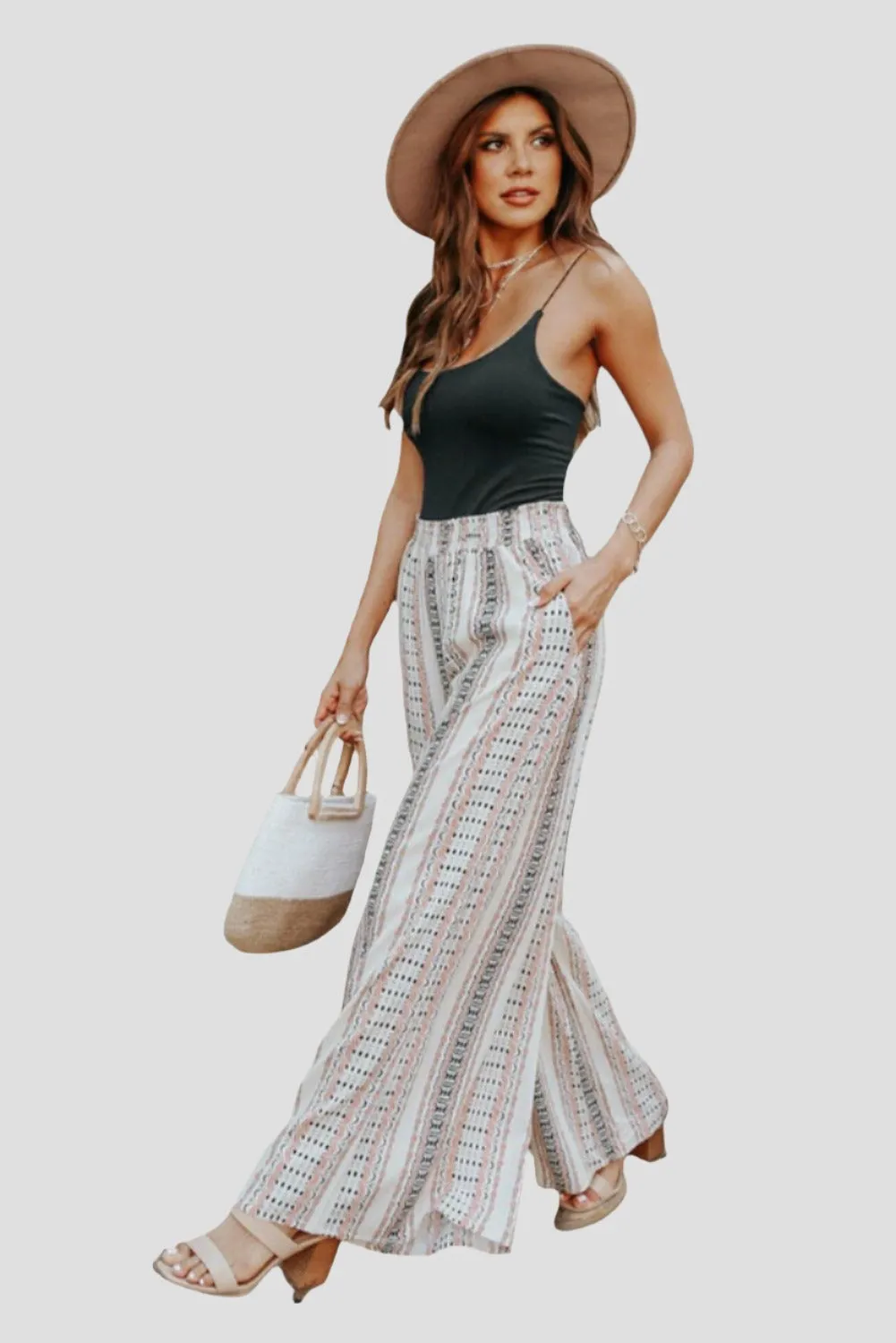 Beige Geometric Pattern Print Shirred Wide Leg Pants