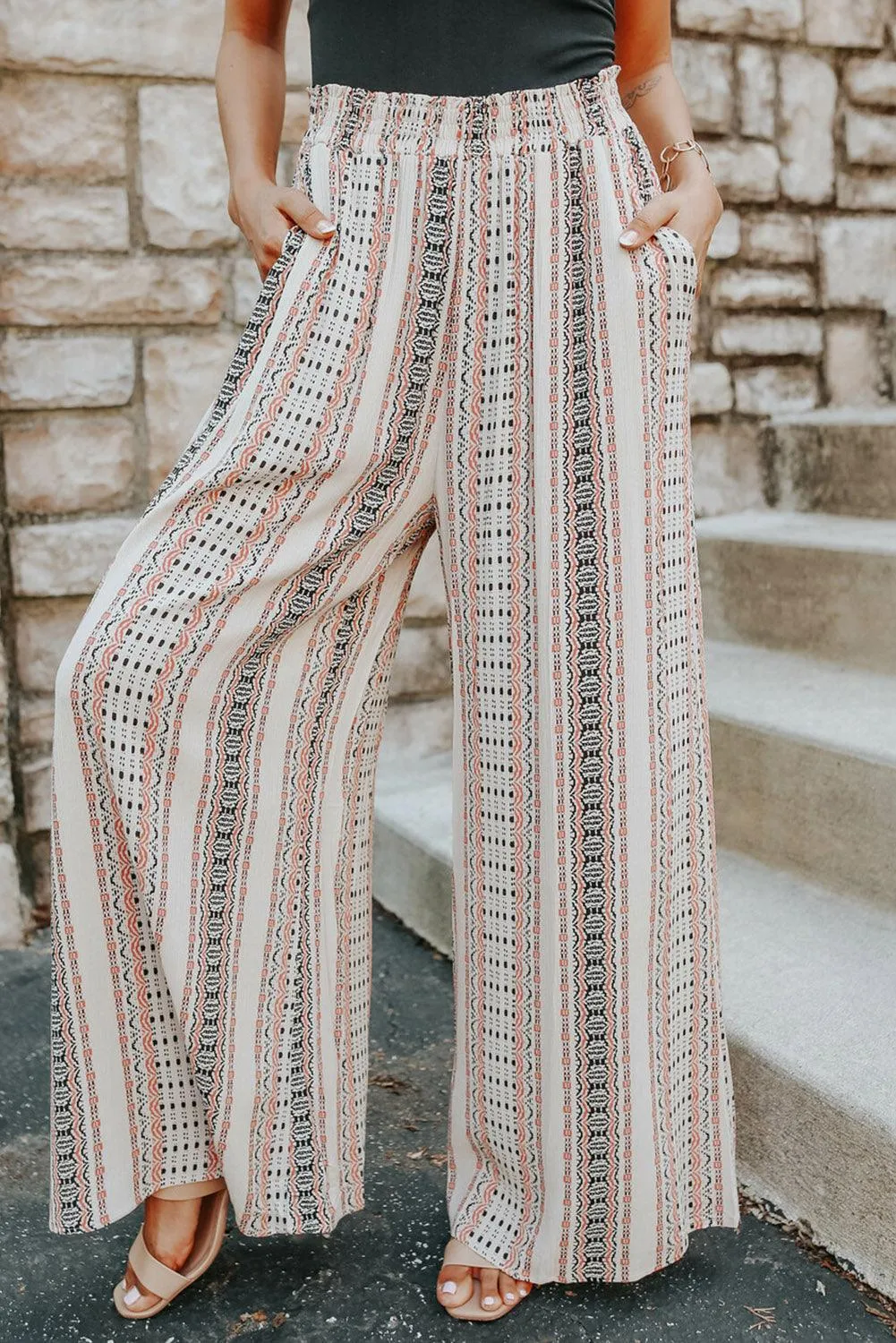 Beige Geometric Pattern Print Shirred Wide Leg Pants