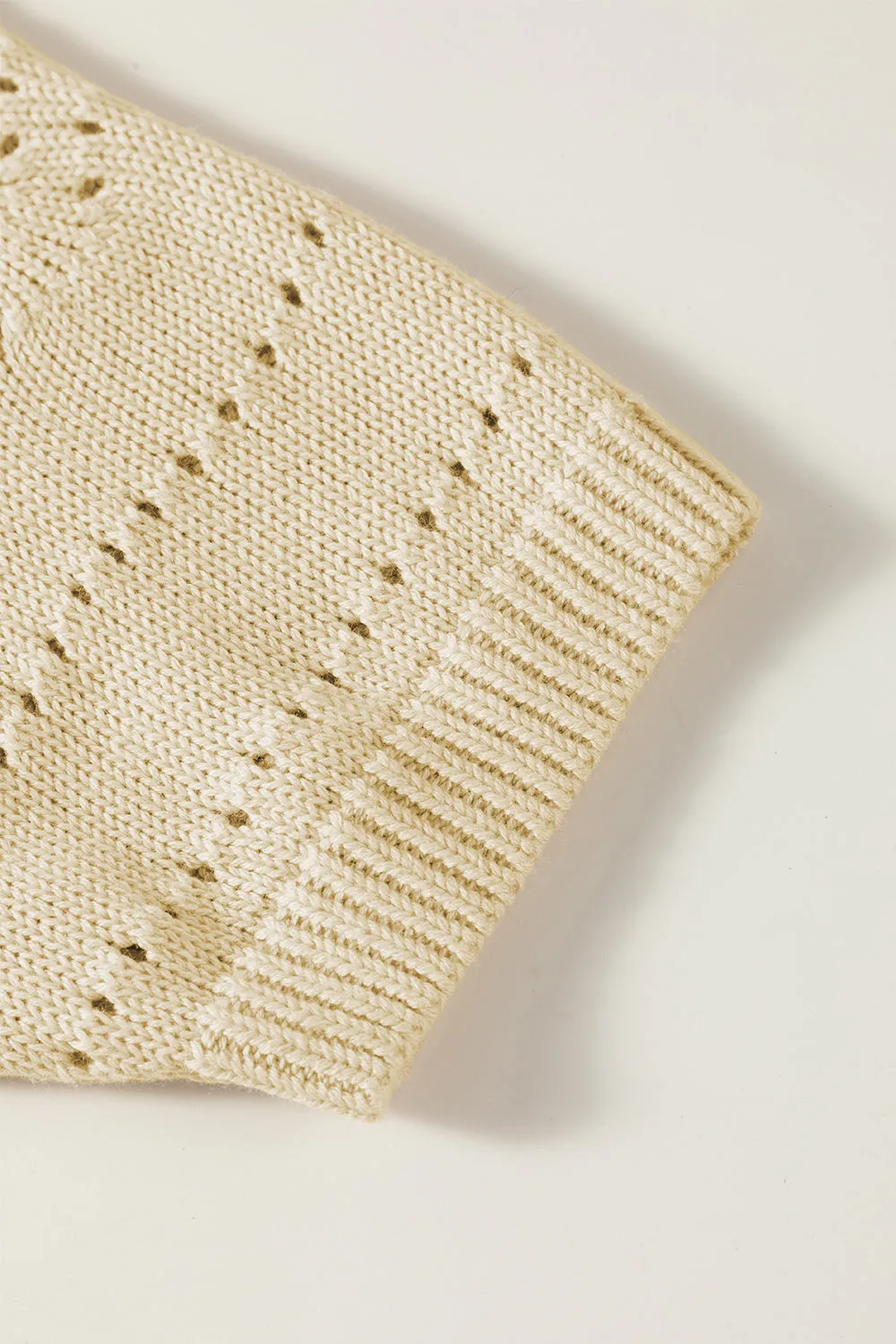 Beige Knitted Cropped Short Sleeve Sweater with Hollow Out Detail