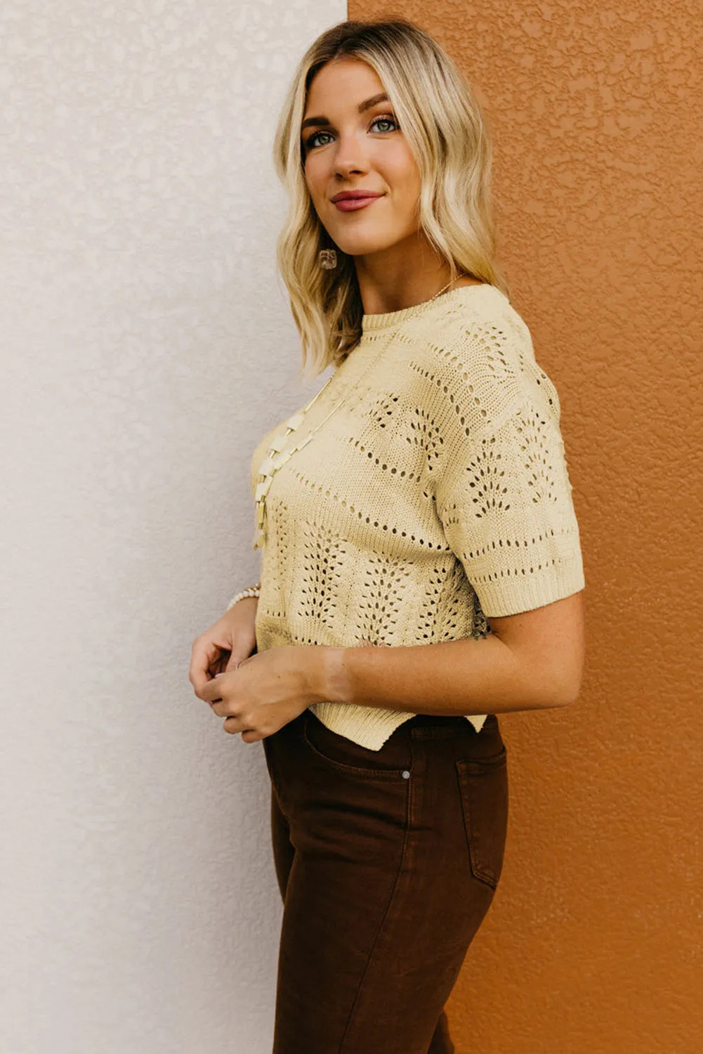 Beige Knitted Cropped Short Sleeve Sweater with Hollow Out Detail