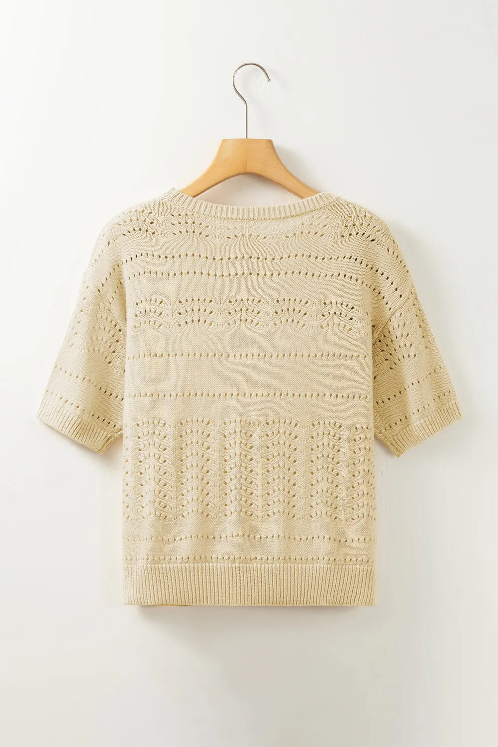 Beige Knitted Cropped Short Sleeve Sweater with Hollow Out Detail