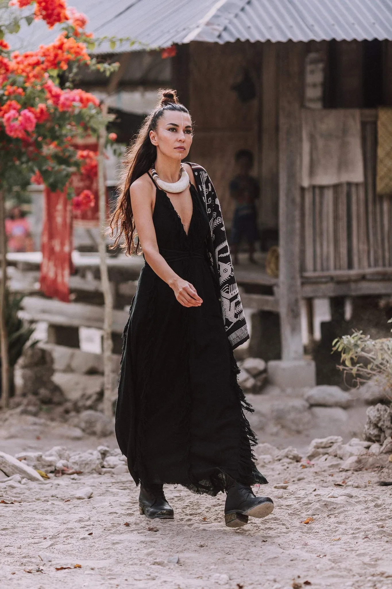 Black Cotton Boho Maxi Dress with Hand Loomed Tassels