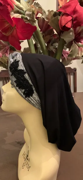 Black Grey Snood With Appliqué On The Side | Hijab Turban Tichel Store In Brooklyn | Proudly Made in USA by Uptown Girl Headwear