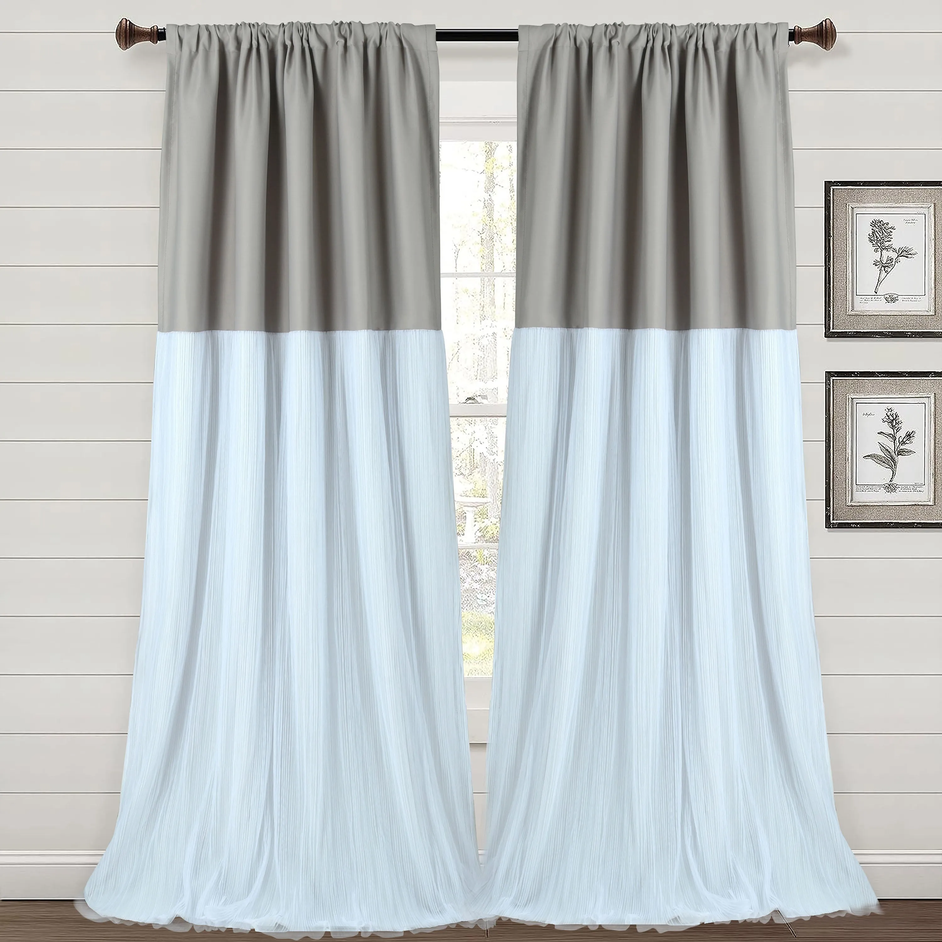 Blackout Curtains 84 Inch Long 2 Panels Set, Romantic Tulle Skirt Patchwork Drapes with Rod Pocket Design, Room Darkening Thermal Insulated Window Treatments for Bedroom Aesthetic