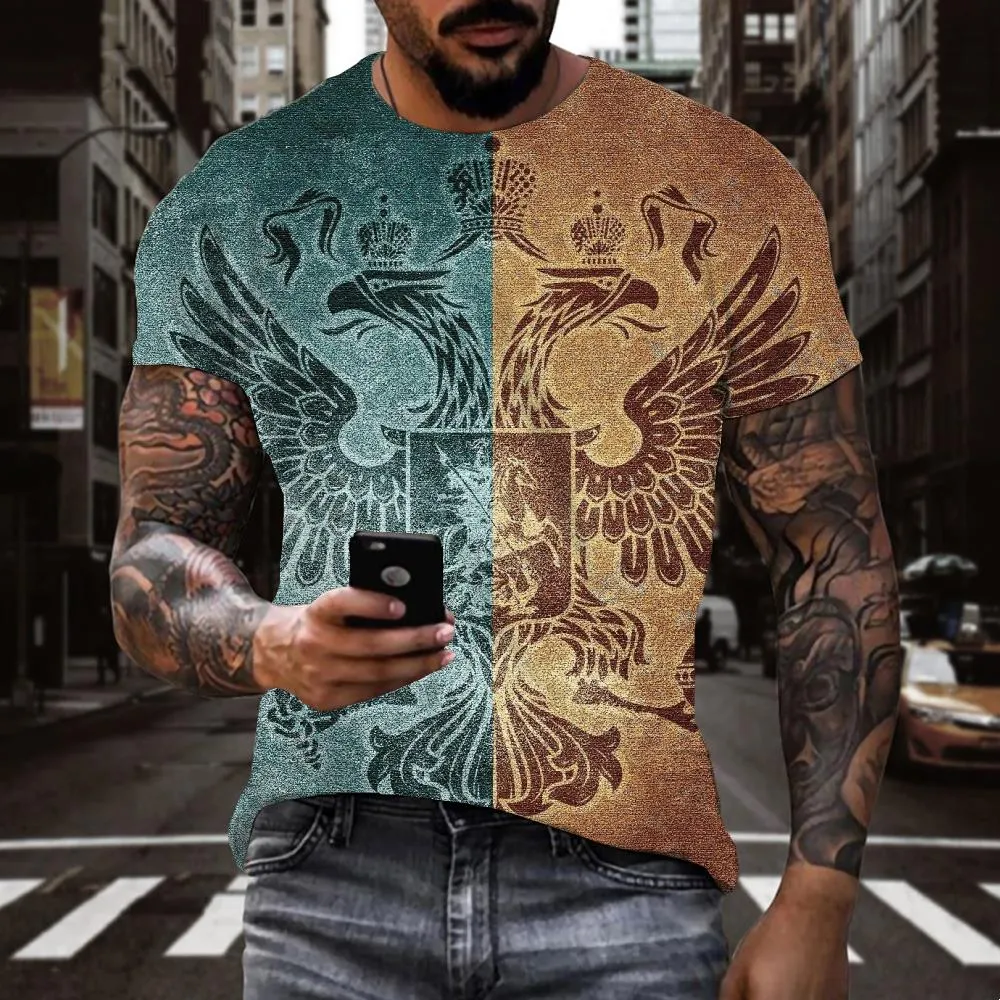 blue-yellow symmetrical totem tshirt Casual special texture Casual different art costume men