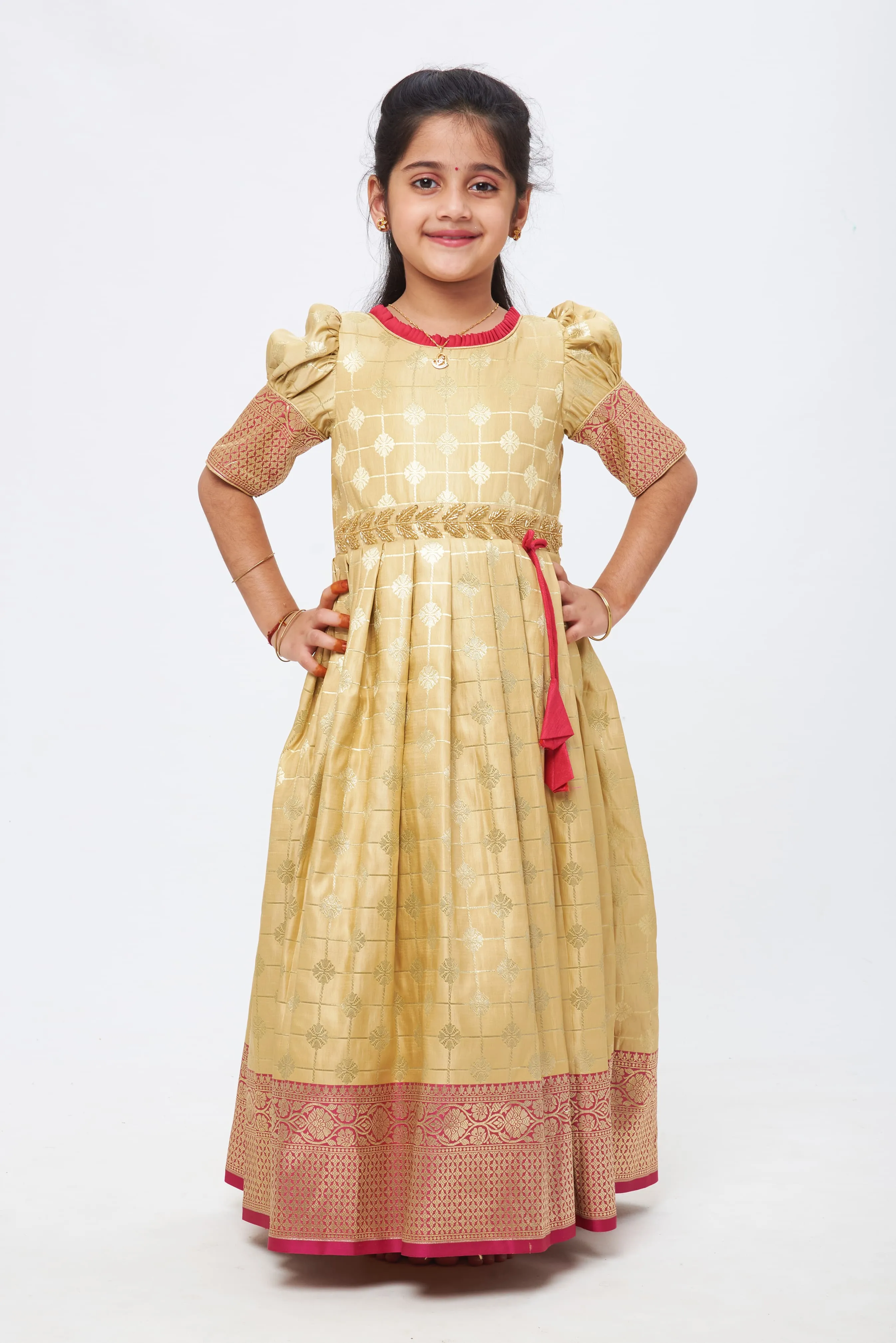 Blush Edge Elegance: Beige & Pink Zari Checkered Pleated Jacquard Silk Gown for Girls