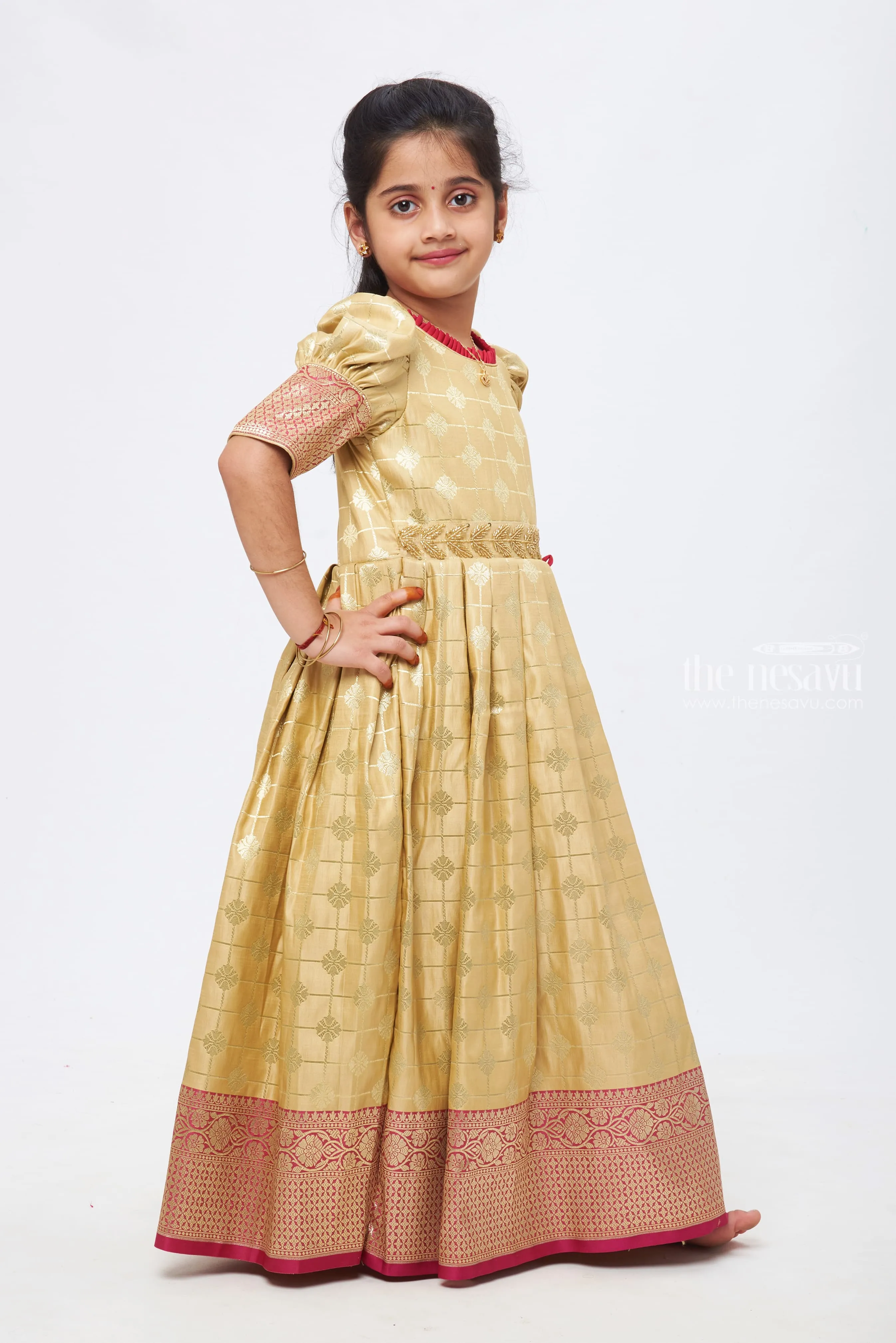 Blush Edge Elegance: Beige & Pink Zari Checkered Pleated Jacquard Silk Gown for Girls