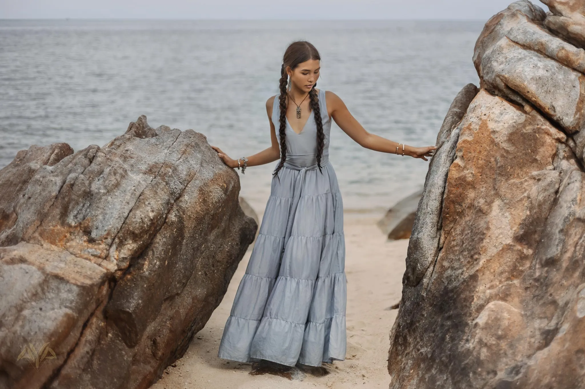 Boho Bridesmaid Dress • A Line Dress • Sky Blue Maxi Adjustable Dress