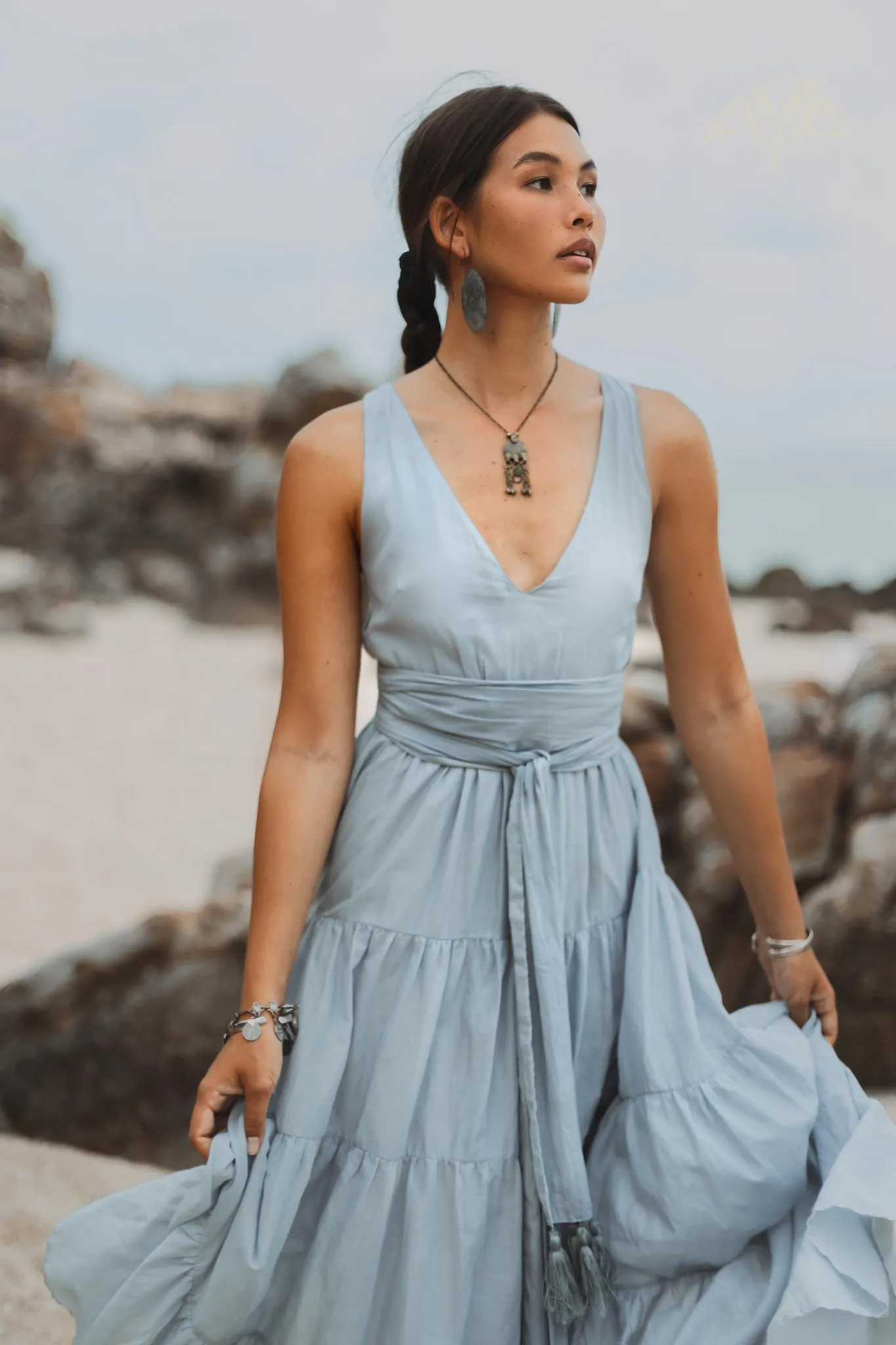 Boho Bridesmaid Dress • A Line Dress • Sky Blue Maxi Adjustable Dress