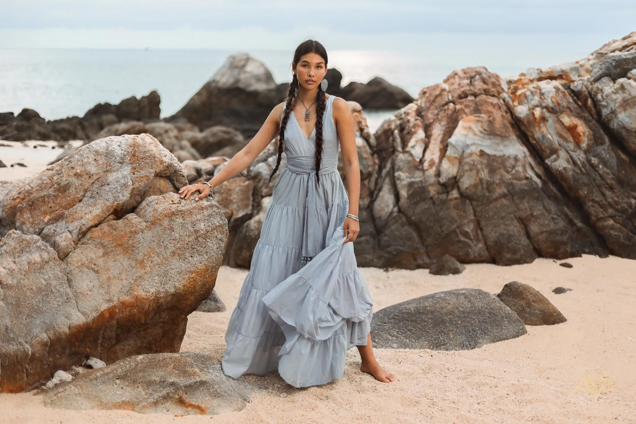 Boho Bridesmaid Dress • A Line Dress • Sky Blue Maxi Adjustable Dress