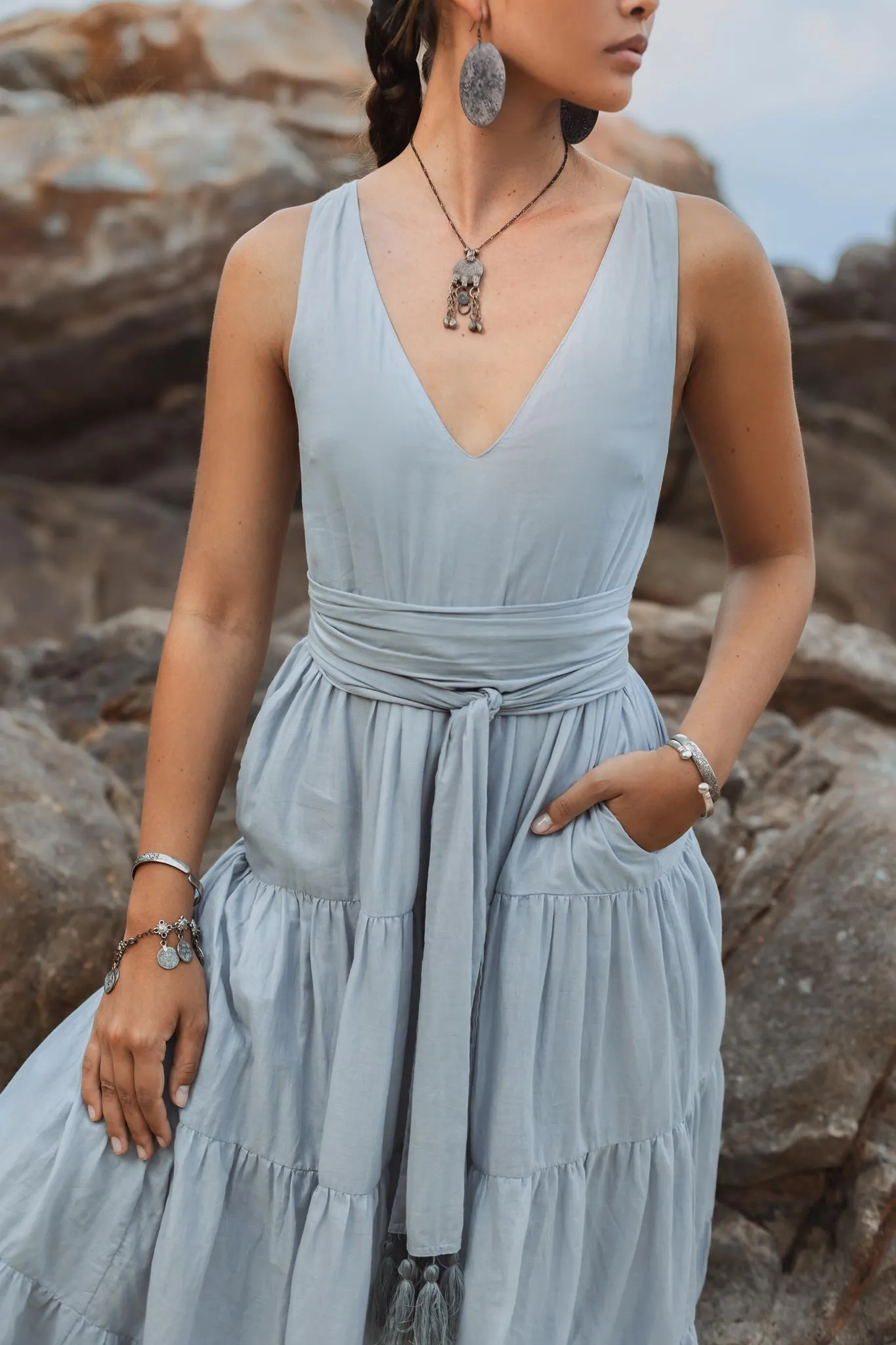 Boho Bridesmaid Dress • A Line Dress • Sky Blue Maxi Adjustable Dress