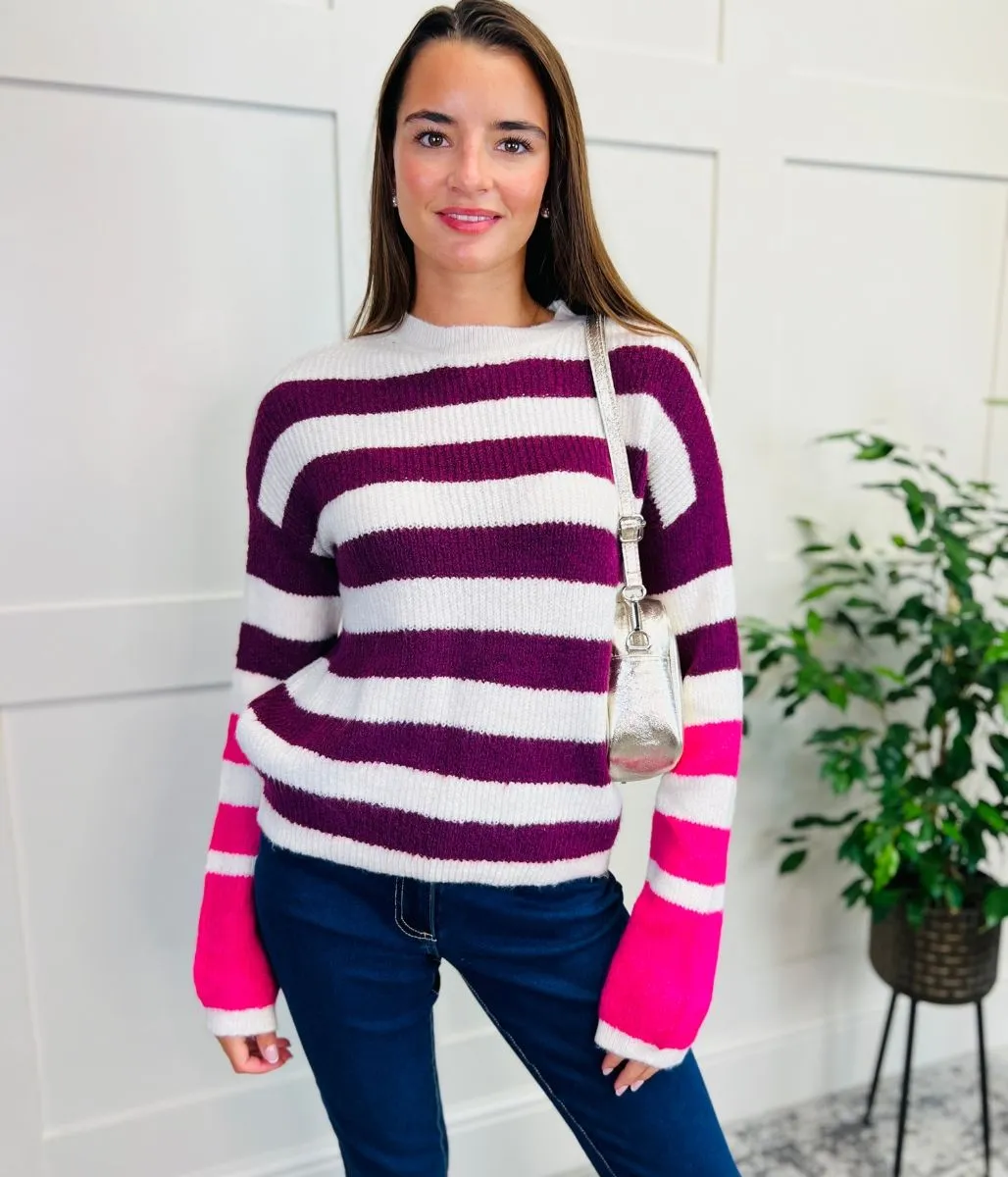 Burgundy Contrast Stripe Knitted Jumper