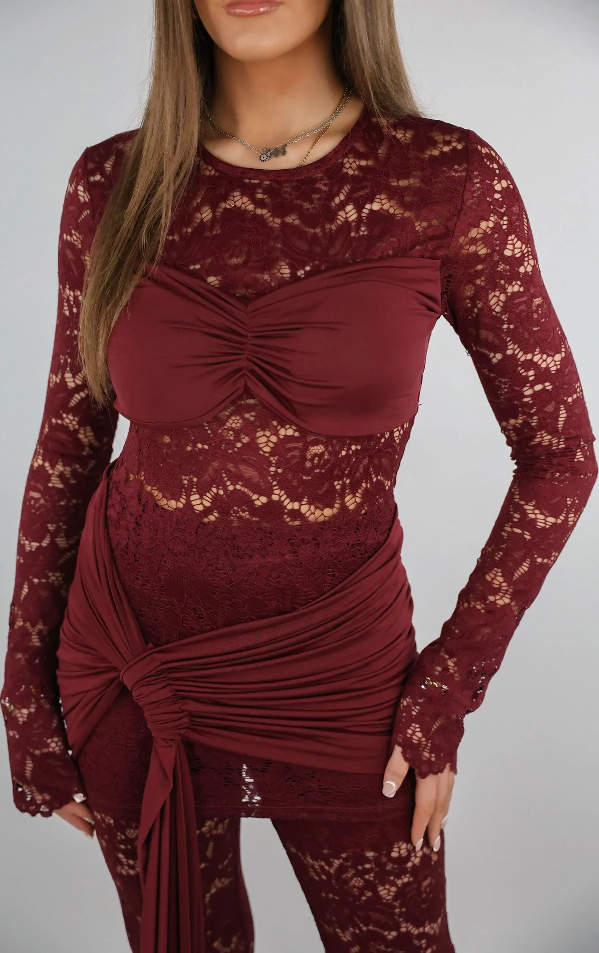 Burgundy Lace Top And Trouser Set