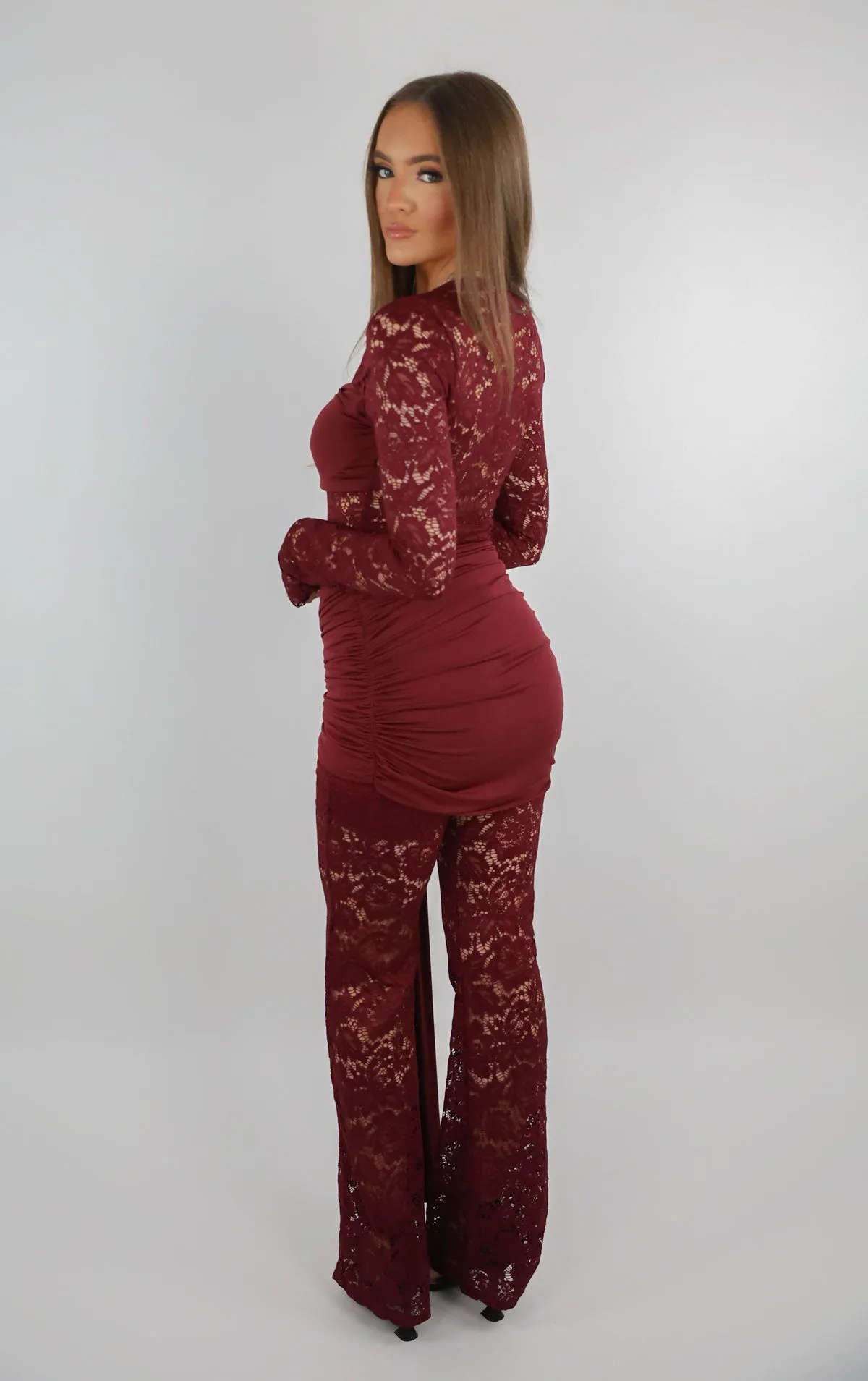 Burgundy Lace Top And Trouser Set