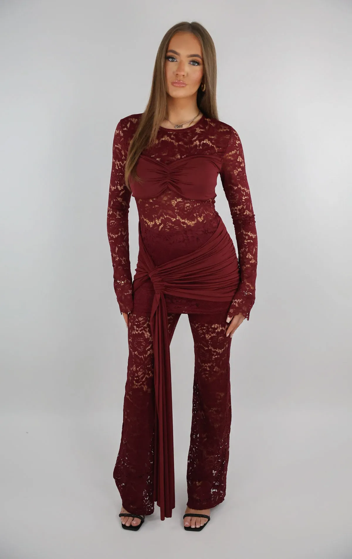 Burgundy Lace Top And Trouser Set