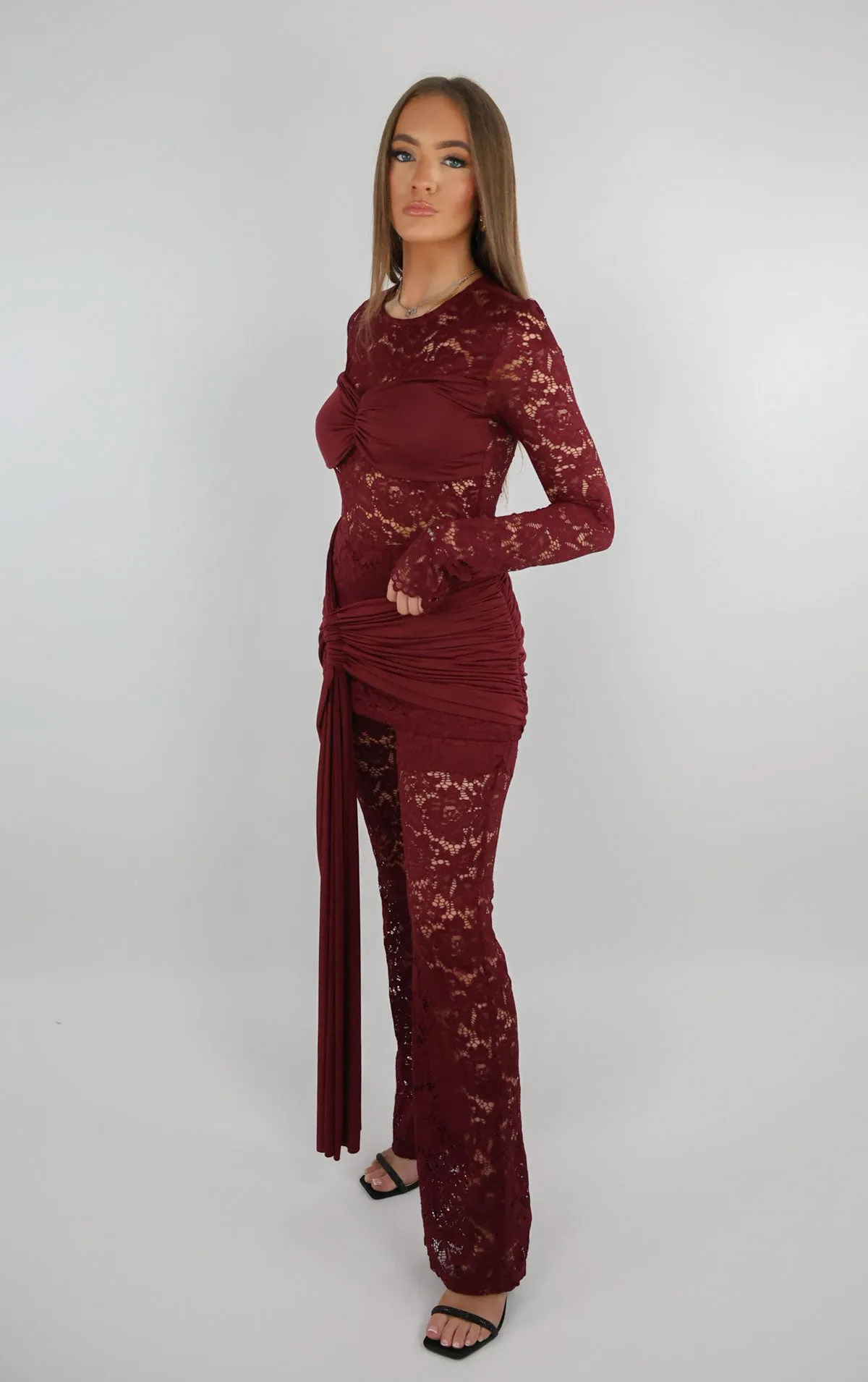 Burgundy Lace Top And Trouser Set