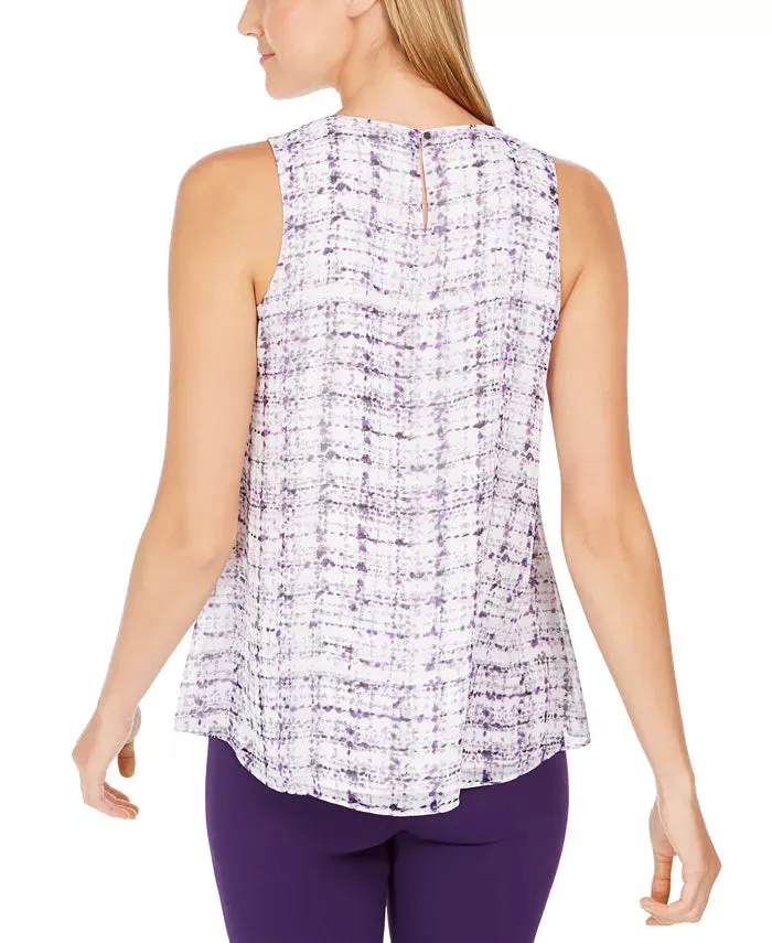 Calvin Klein Women's Sleeveless Printed Pleat-Neck Top Purple Size Large