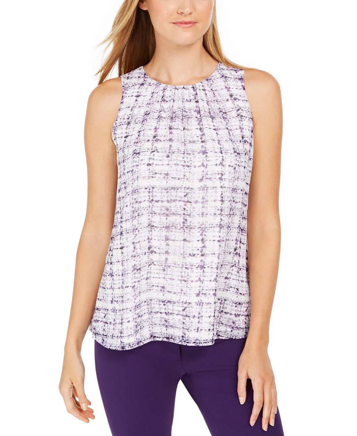 Calvin Klein Women's Sleeveless Printed Pleat-Neck Top Purple Size Large