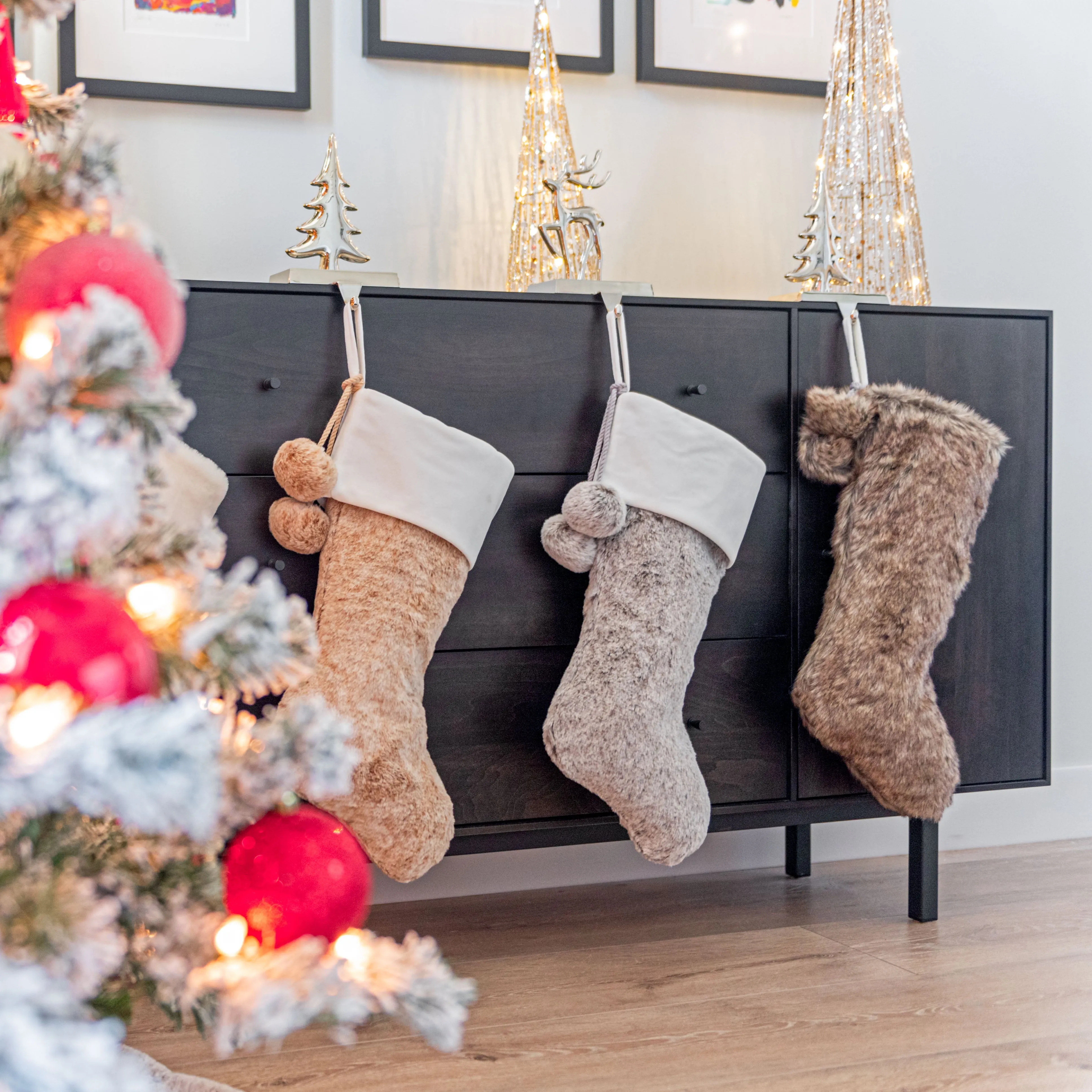 Caribou Beige Faux Fur Stocking with White Velvet Cuff and Pom Poms