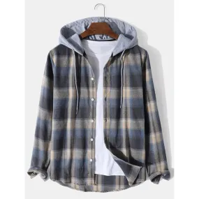 Casual Contrasting Color Hooded Regular Plaid Shirt Outdoor Shirt