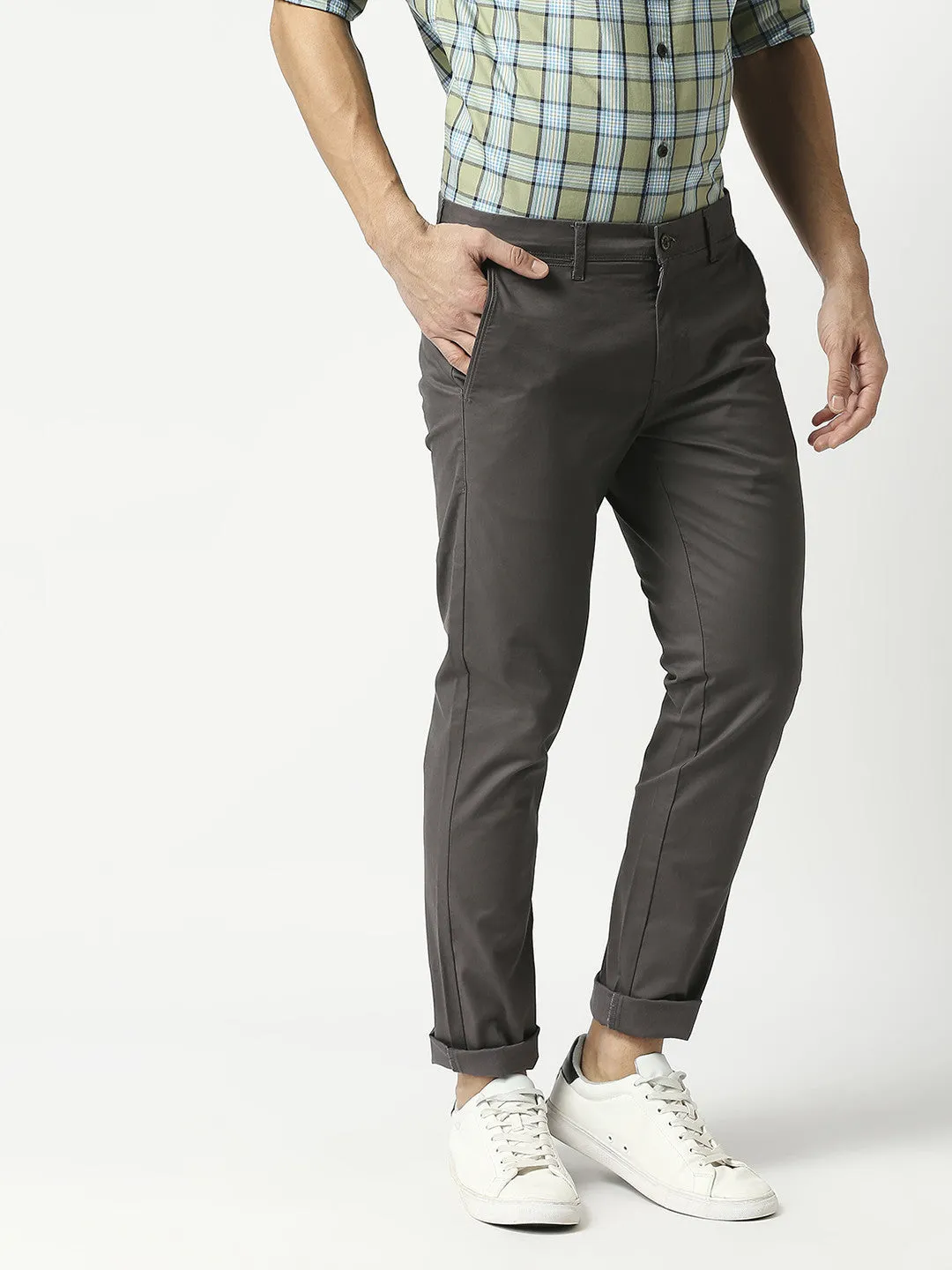 Charcoal Grey Slim Tapered Cotton Dobby Lycra Trouser